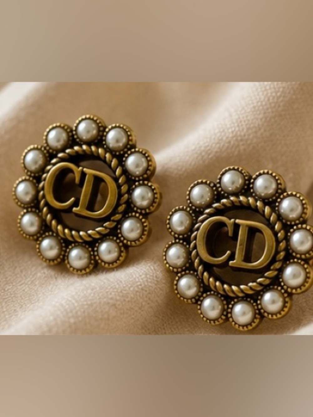 Pearl Medallion Statement Stud Earrings Antique Gold Tone Vintage Style